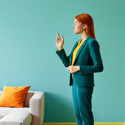 Home 4 A person in professional business casual attire stands in a modern, thoughtfully designed room. One half of the room features a serene cool blue and soft green color palette, evoking calmness and focus, while the other half displays a vibrant warm orange and energetic yellow, stimulating creativity and enthusiasm. The person is fully clothed in modest attire, observing the distinct atmospheric differences. High-resolution, professional photography, clean lines, modern design, perfect anatomy, correct proportions, natural pose, well-formed hands, proper finger count, natural body proportions, safe for work, appropriate content, family-friendly.