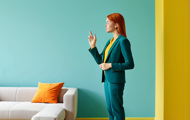 A person in professional business casual attire stands in a modern, thoughtfully designed room. One half of the room features a serene cool blue and soft green color palette, evoking calmness and focus, while the other half displays a vibrant warm orange and energetic yellow, stimulating creativity and enthusiasm. The person is fully clothed in modest attire, observing the distinct atmospheric differences. High-resolution, professional photography, clean lines, modern design, perfect anatomy, correct proportions, natural pose, well-formed hands, proper finger count, natural body proportions, safe for work, appropriate content, family-friendly.
